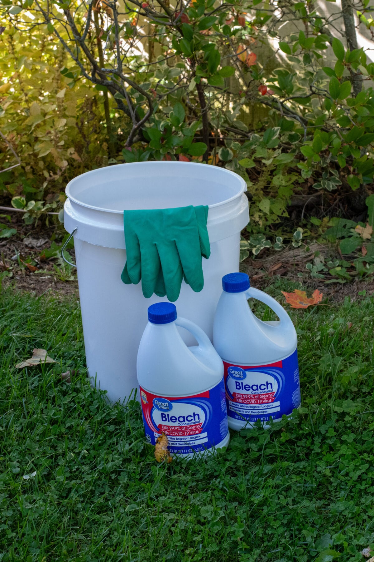 5-gallon bucket, dishwashing gloves and two bottles of bleach